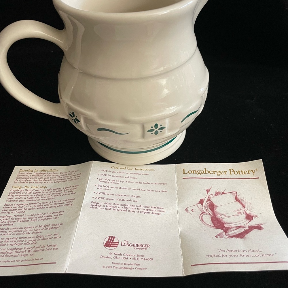 Longaberger Pottery Woven Traditions Green and Cream Pitcher